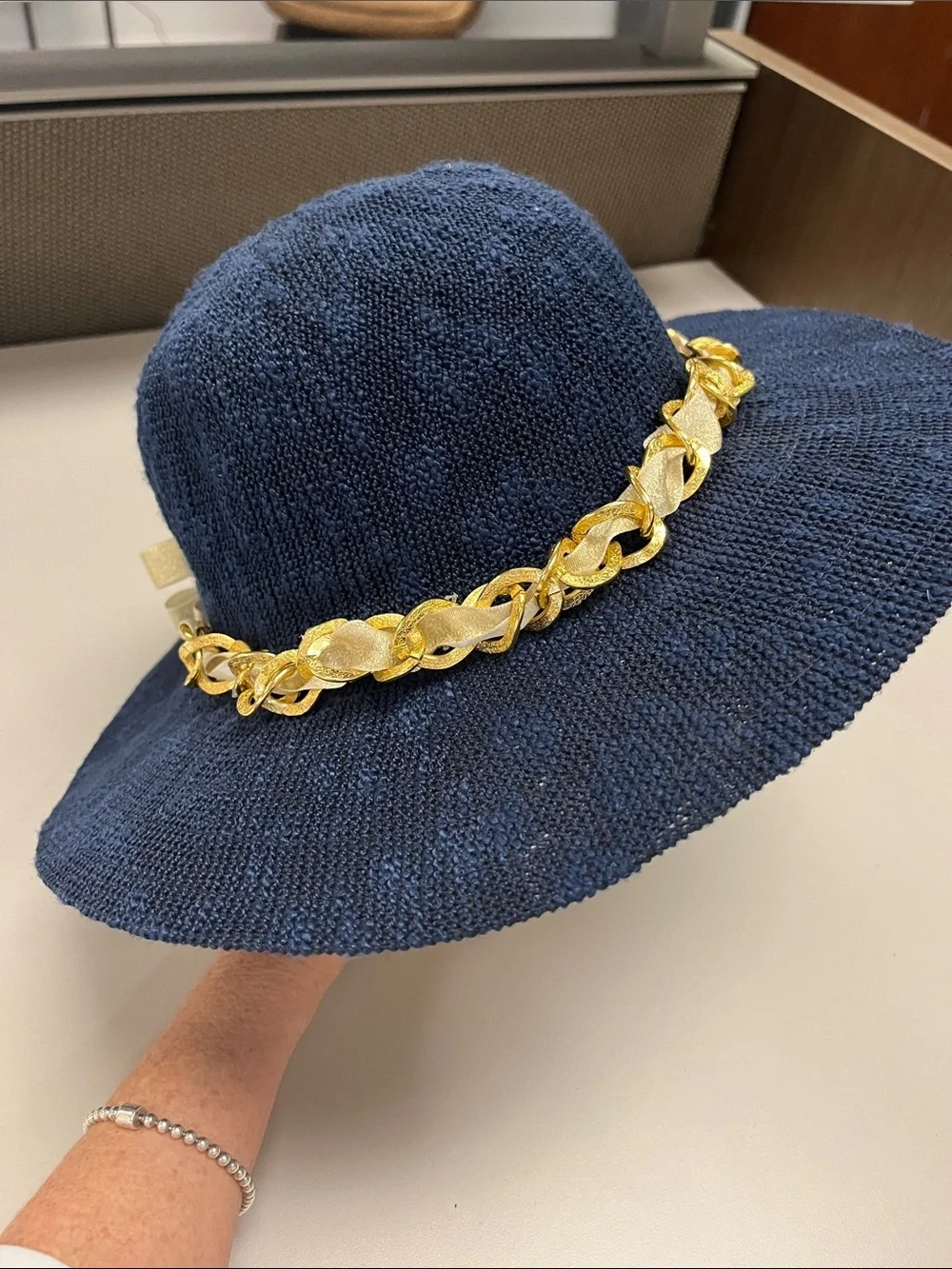 Marcus Adler Women’s Navy Straw like Wide-Brim Hat Gold Chain Trim